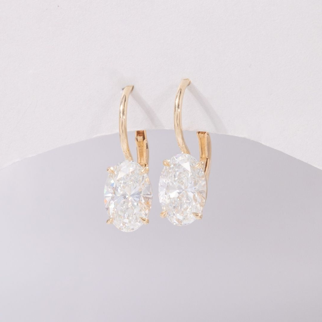 3ct Lab Oval Diamond Dangle French Clip Earrings in 14k yellow gold