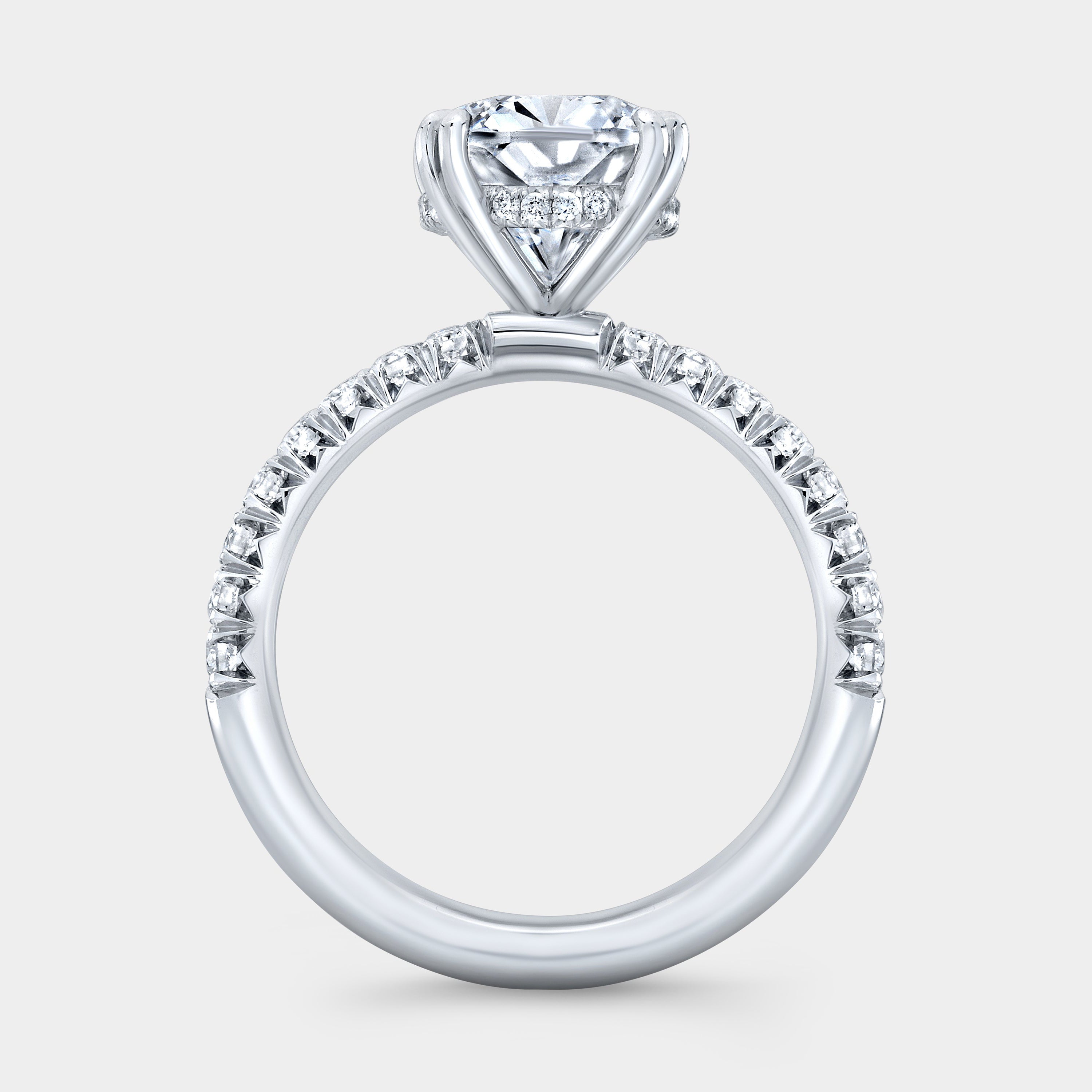 Cushion Diamond Hidden Halo French Pave Double Prong Platinum Engagement Ring