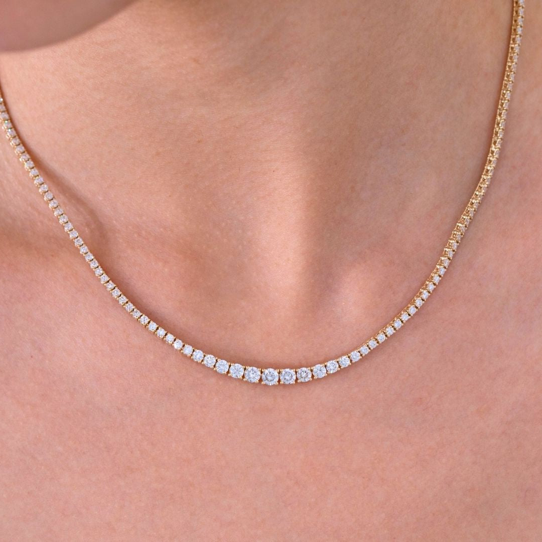 5ct Graduating Lab Diamond Yellow Gold Tennis Necklace in 14k yellow gold