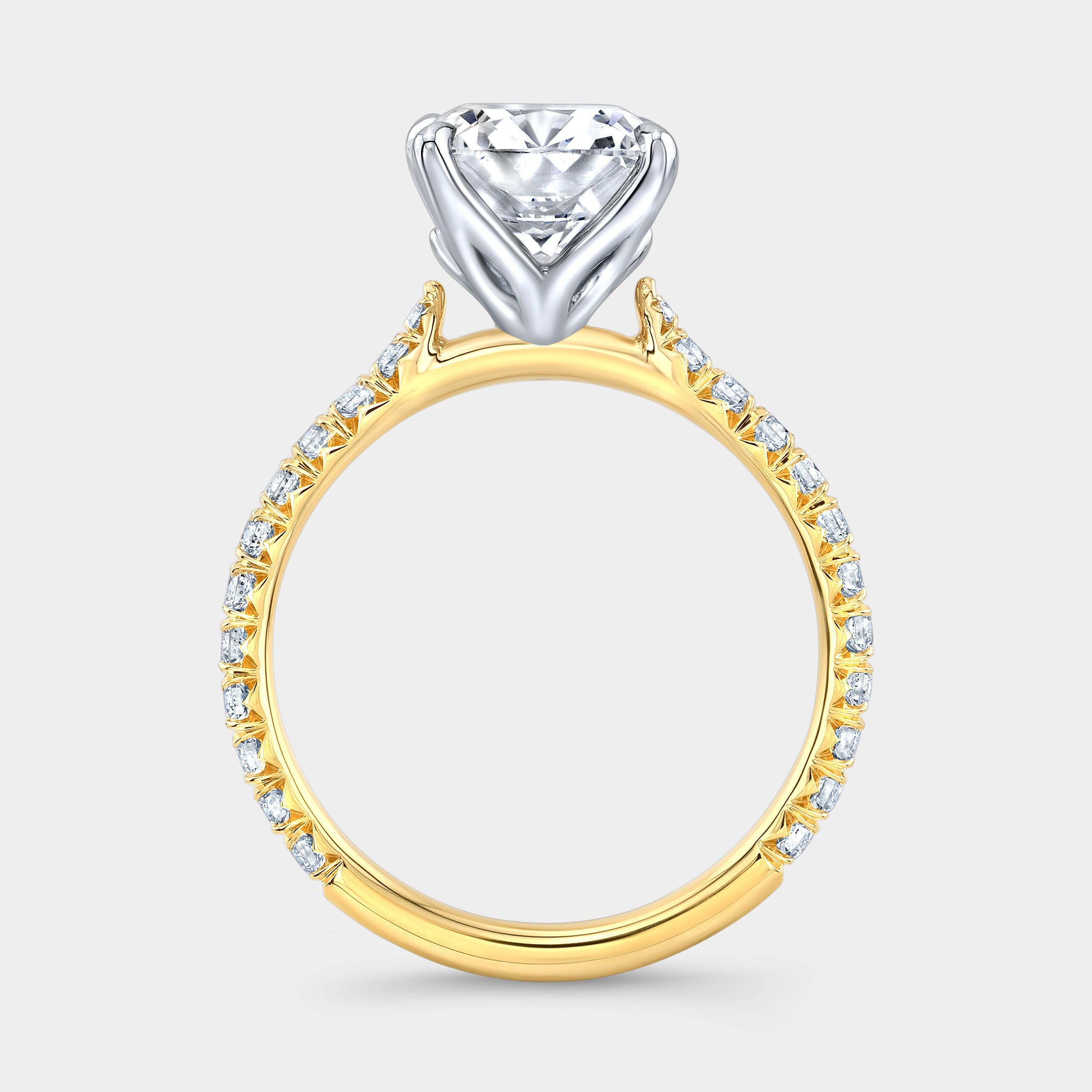 Cushion Diamond Tulip Tapered Cathedral French Pave Yellow Gold And Platinum Engagement Ring