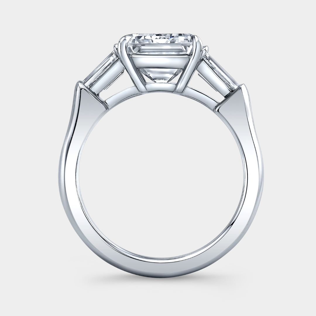 3.74ct Lab Grown Emerald Diamond 3 Stone Ring with Tapered Baguettes Platinum Engagement Ring - 3.74ct Lab Grown