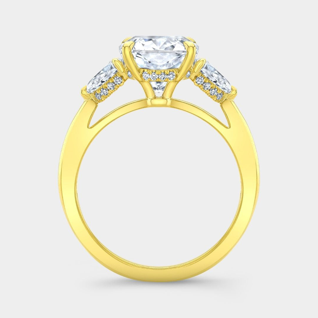 4ct Cushion Cut Diamond 3 Stone Ring with Pears and Hidden Halo Yellow Gold Engagement Ring in 18k yellow gold - 1.50ct