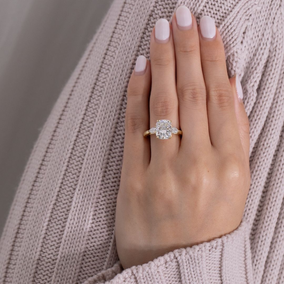 4ct Cushion Cut Diamond 3 Stone Ring with Pears and Hidden Halo Yellow Gold Engagement Ring in 18k yellow gold - 1.50ct