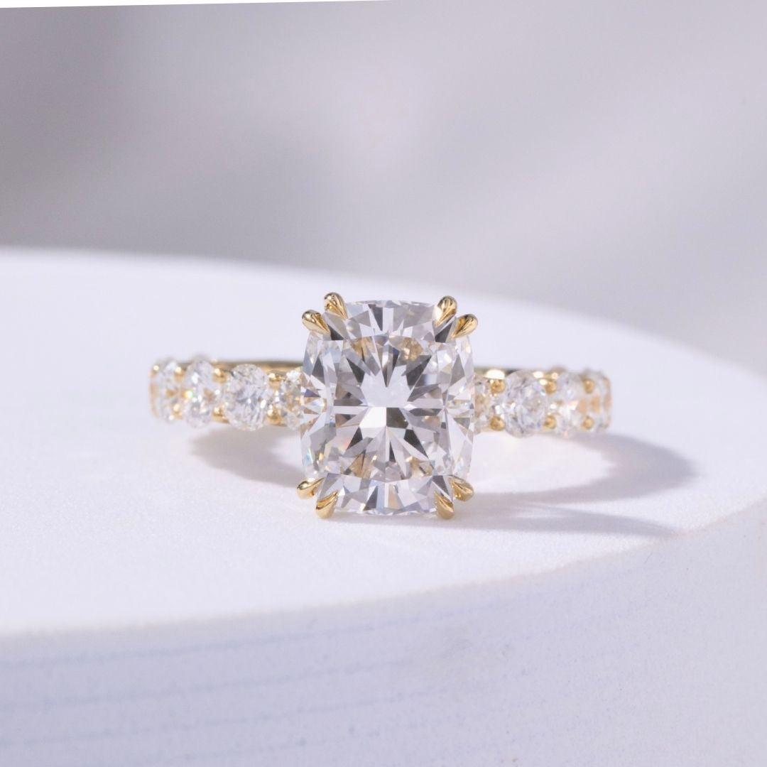 Cushion Diamond Double Prong Hidden Halo Eloise Trellis Yellow Gold Engagement Ring in 18k yellow gold