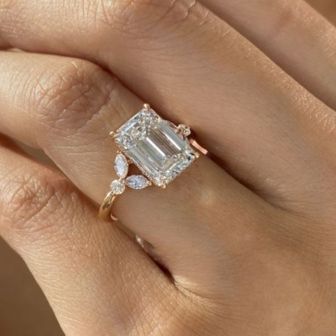 Emerald Diamond Hidden Halo 7 Stone Cluster Design Rose Gold Engagement Ring in 18k Rose Gold