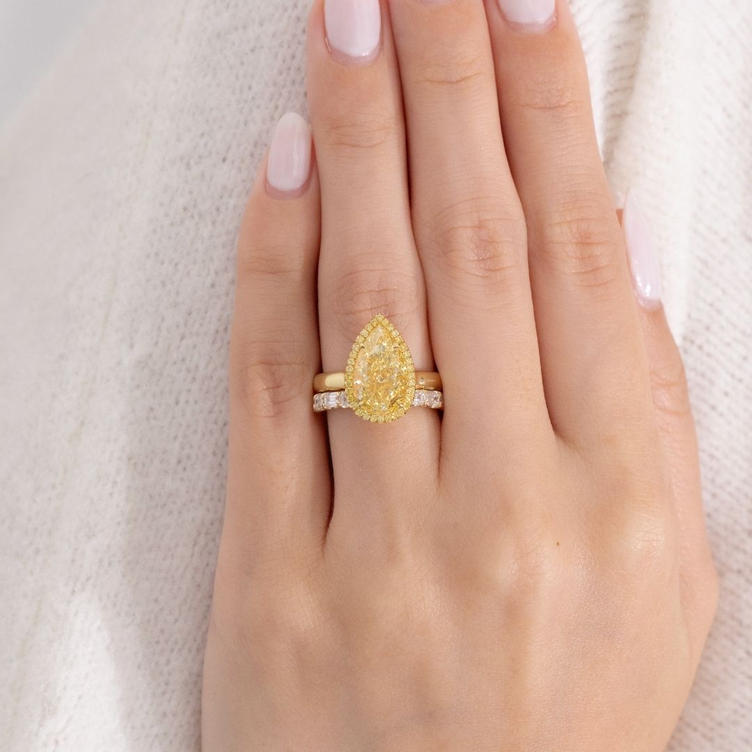 3.6ct Pear Shape Yellow Lab Grown Diamond Halo Solitaire Engagement Ring in 18k yellow gold