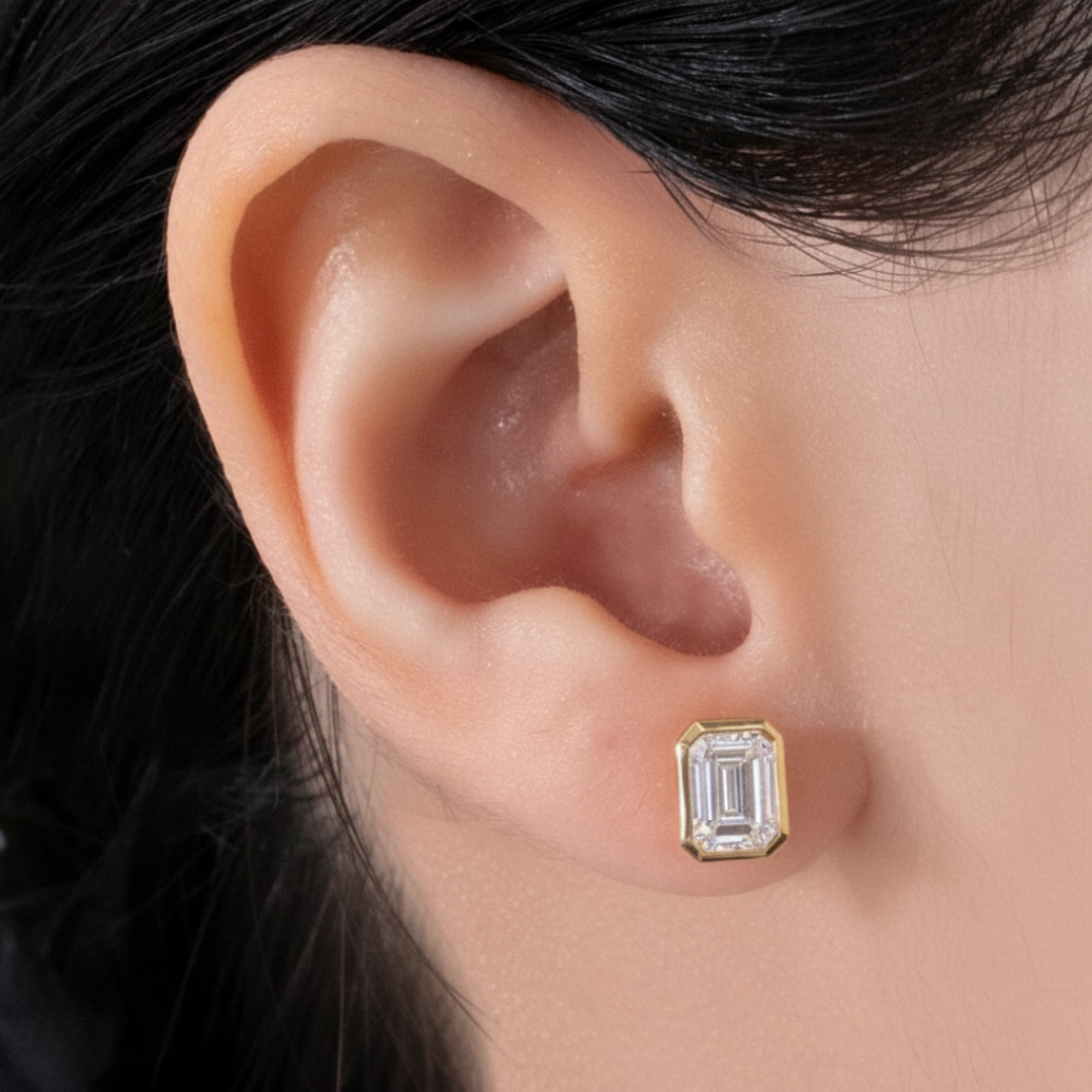 2ct Lab Grown Emerald Diamond Yellow Gold Bezel Stud Earrings in 14k yellow gold