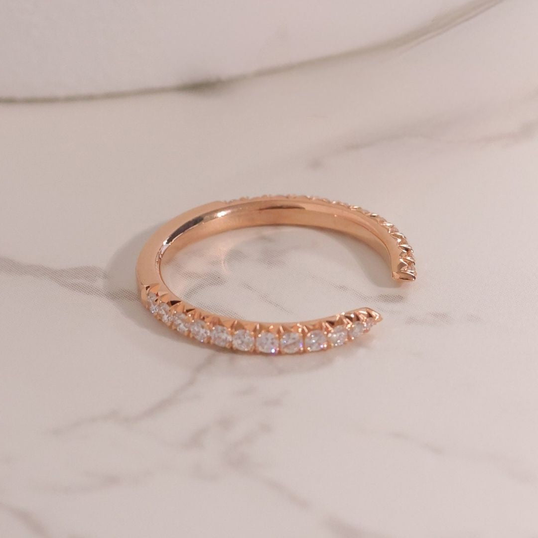 French Pave Open Claw Round Diamond Rose Gold Wedding Band in 18k rose gold