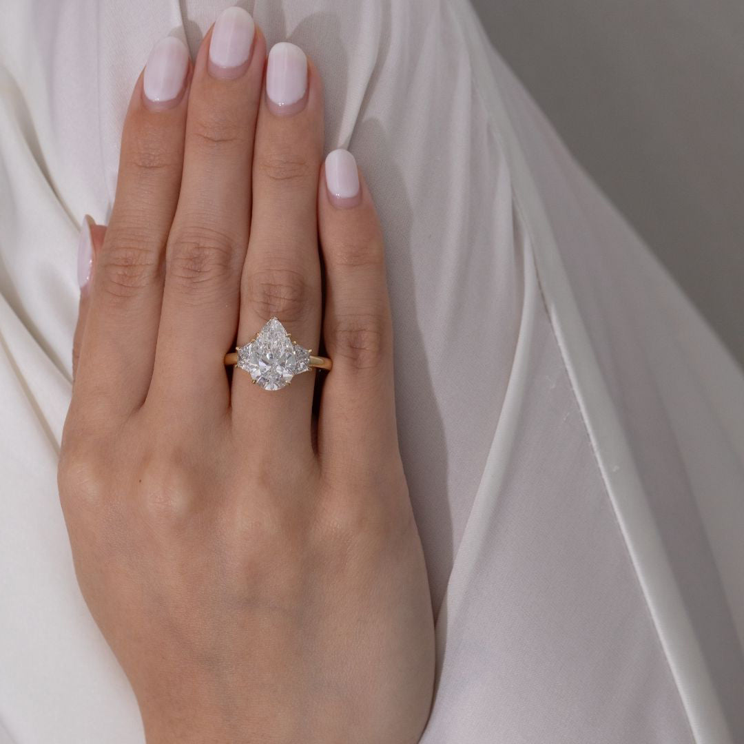 4ct Pear Shape Diamond with Trapezoid Yellow Gold 3 Stone Ring in 18k yellow gold - 1.50ct Lab Grown