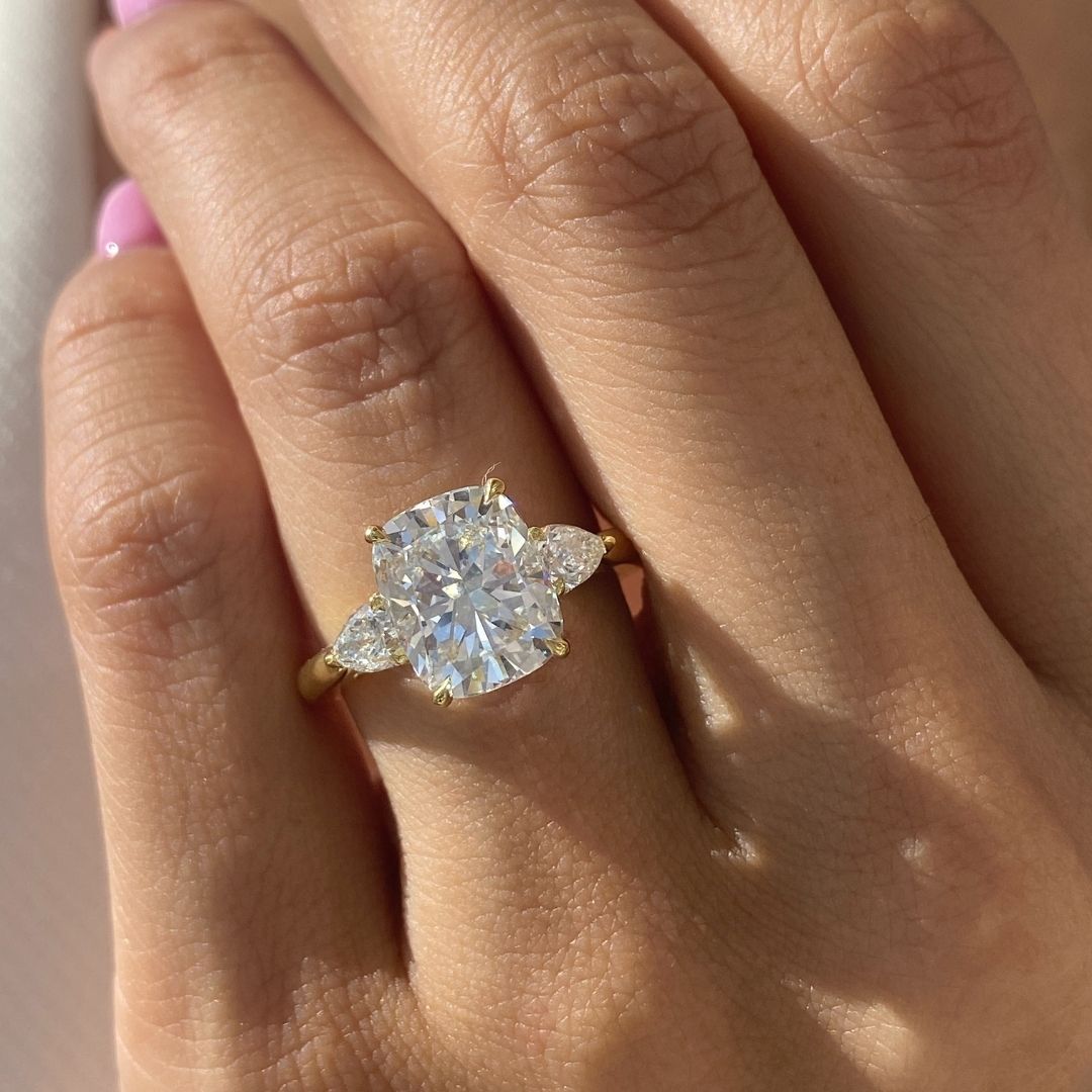4ct Cushion Cut Diamond 3 Stone Ring with Pears and Hidden Halo Yellow Gold Engagement Ring in 18k yellow gold - 1.50ct