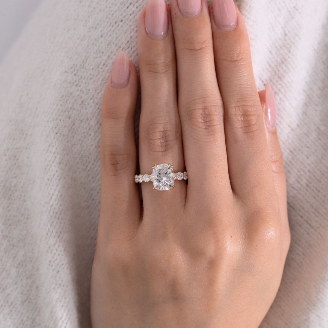 Cushion Diamond Double Prong Hidden Halo Eloise Trellis Yellow Gold Engagement Ring in 18k yellow gold