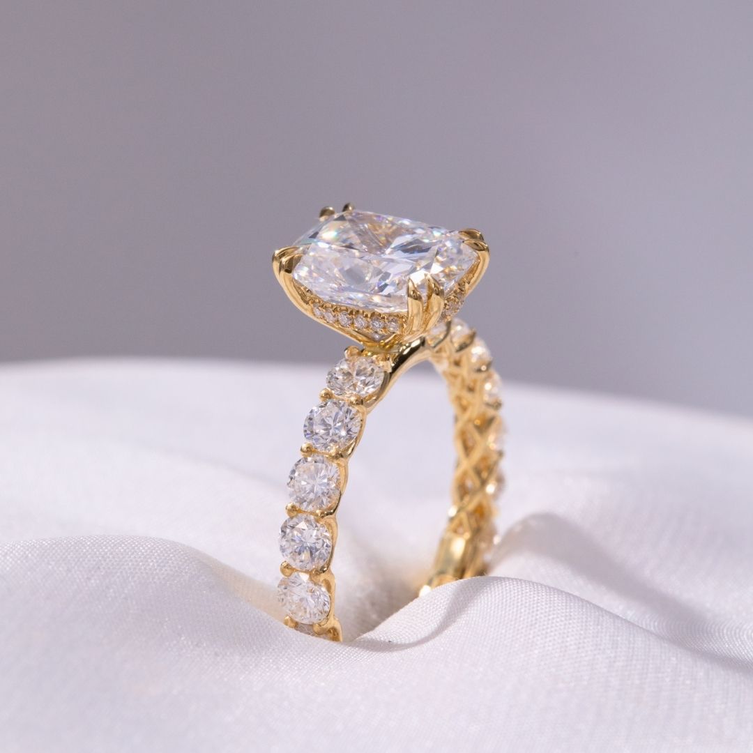 Cushion Diamond Double Prong Hidden Halo Eloise Trellis Yellow Gold Engagement Ring in 18k yellow gold