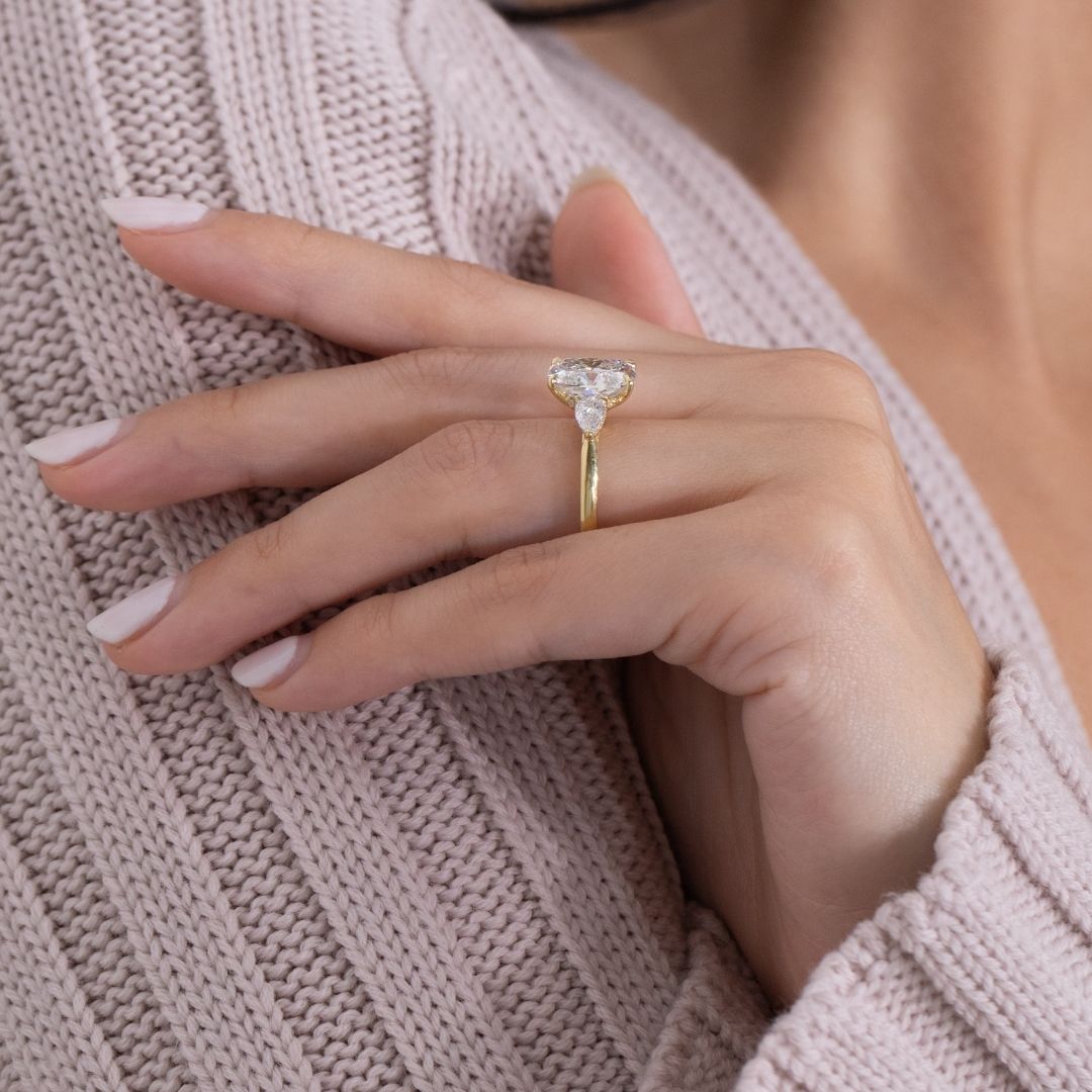 4ct Cushion Cut Diamond 3 Stone Ring with Pears and Hidden Halo Yellow Gold Engagement Ring in 18k yellow gold - 1.50ct