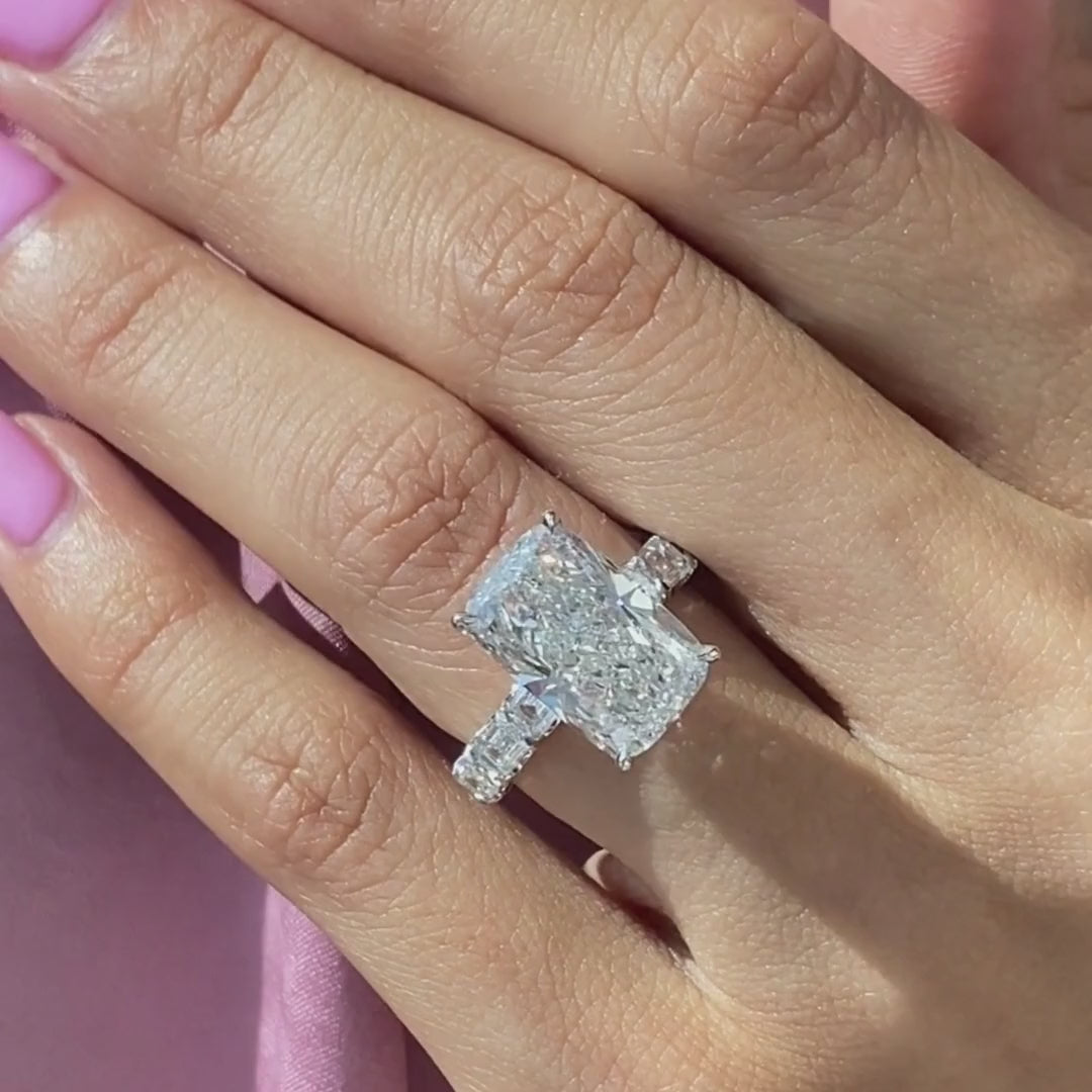 Cushion Diamond Hidden Halo East–West Emerald Cut Diamond Band Platinum Engagement Ring