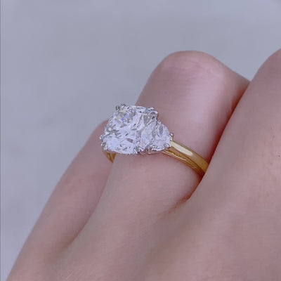 Cushion Diamond Hidden Halo with Half Moon Three Stone Yellow Gold And Platinum Engagement Ring