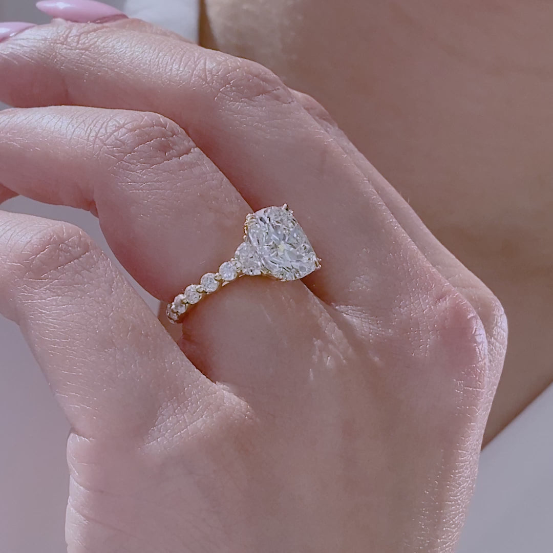 Cushion Diamond Hidden Halo 3 Stone with Half Moon Side Stones Yellow Gold Engagement Ring in 18k Yellow Gold