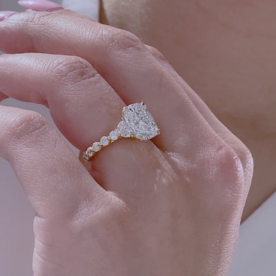 Cushion Diamond Hidden Halo 3 Stone with Half Moon Side Stones Yellow Gold Engagement Ring in 18k Yellow Gold
