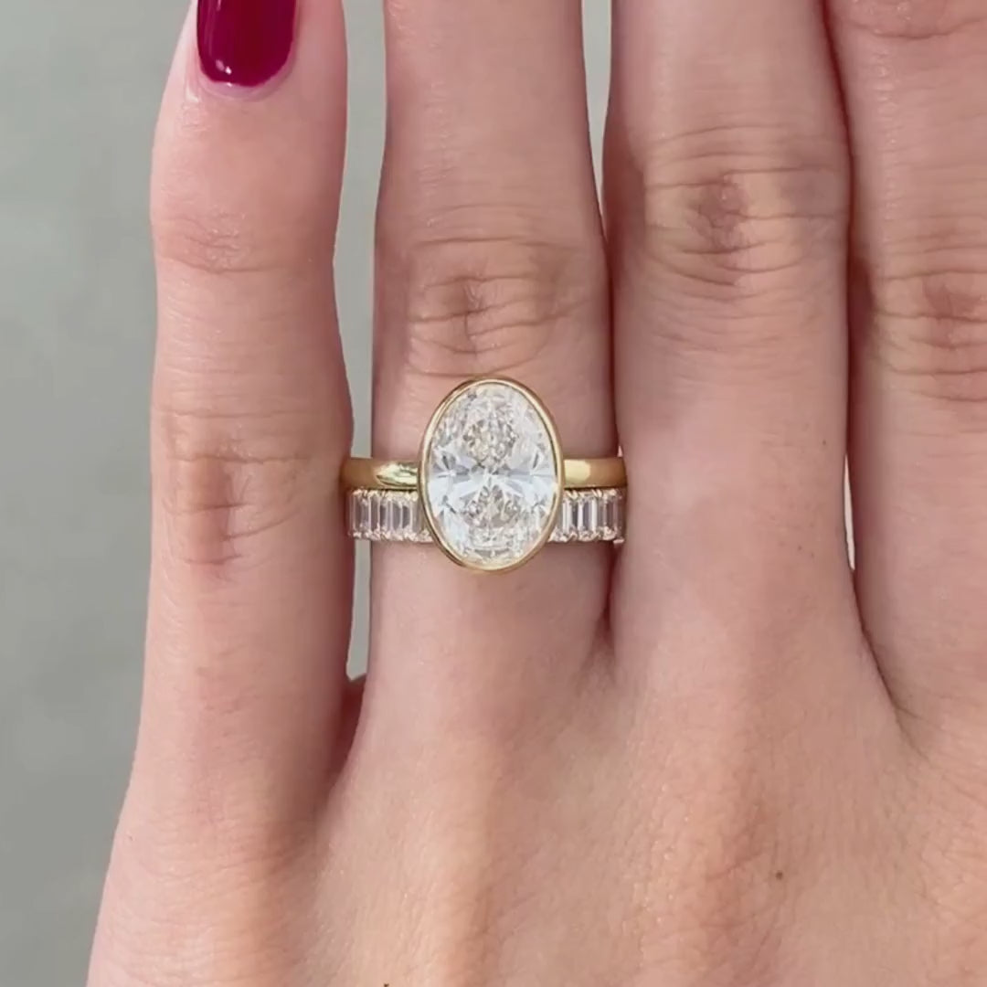 3.11ct Lab Grown Oval Diamond Bezel Set Tulip Solitaire Yellow and Platinum Gold Engagement Ring