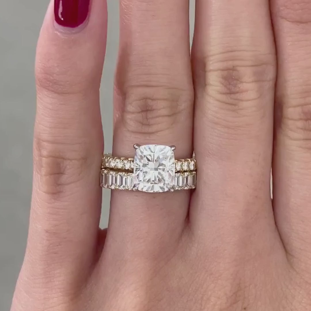 Cushion Diamond Tulip Low Cathedral  French Pave Yellow Gold And Platinum Engagement Ring