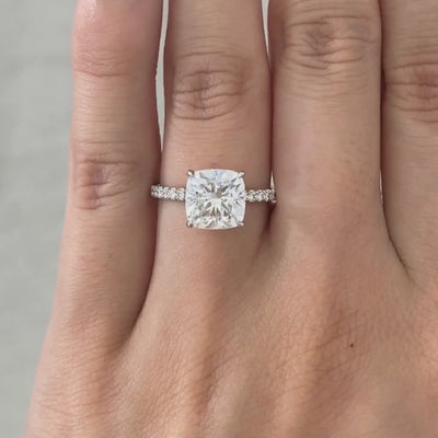 Cushion Diamond Hidden Halo Delicate Pave White Gold Engagement Ring in 14k white gold
