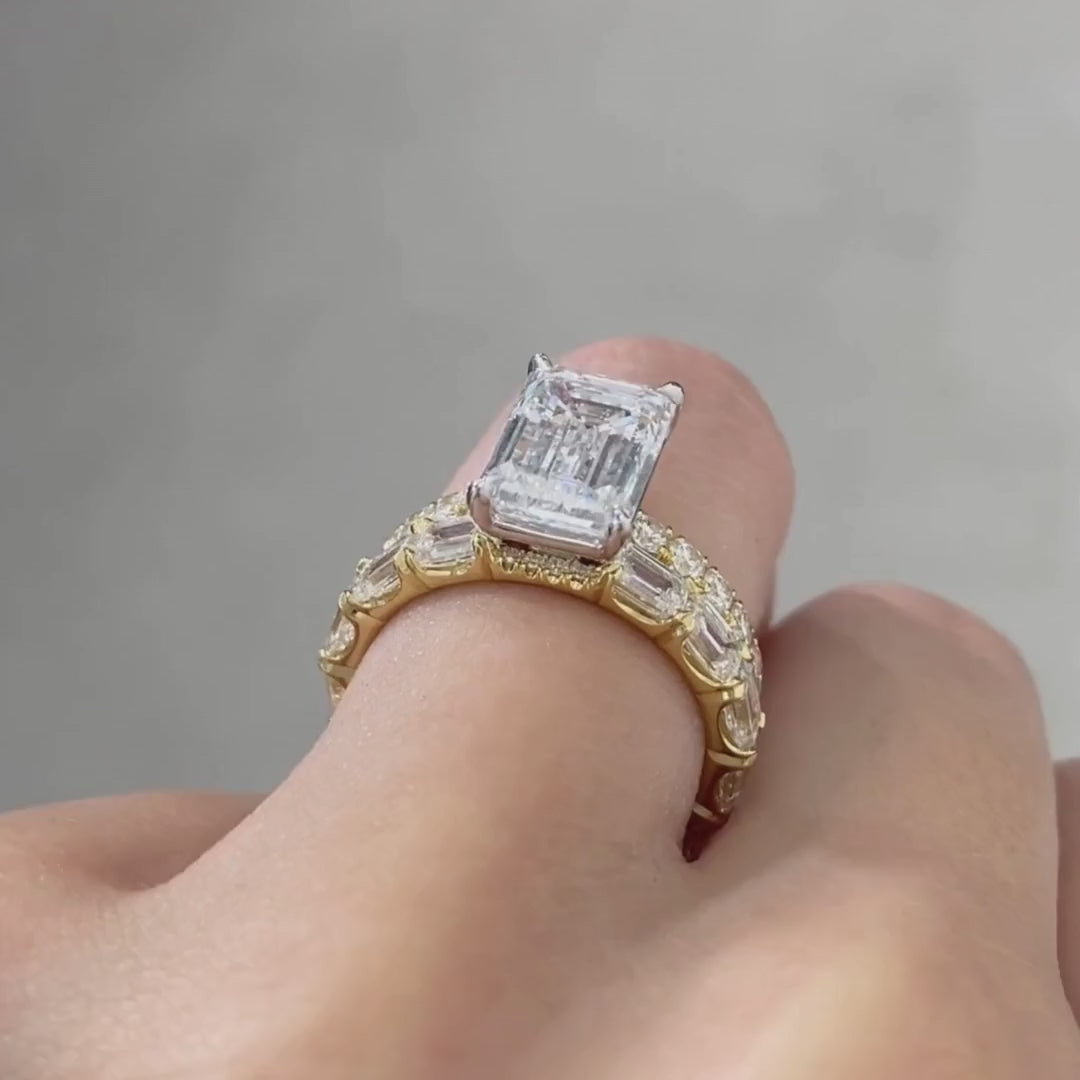 3.06ct Lab Grown Emerald Diamond French Pave Low Profile Yellow Gold And Platinum Engagement Ring - 3.06ct Lab Grown