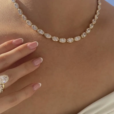 36ct Lab Oval Diamond Bezel Set East West Yellow Gold Tennis Necklace in 14k yellow gold