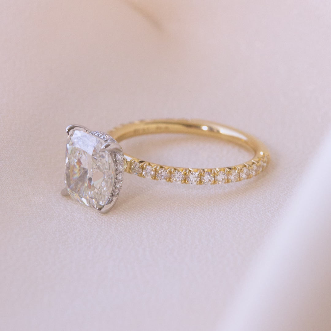 Cushion Diamond Hidden Halo with French Pave Yellow Gold And Platinum Engagement Ring
