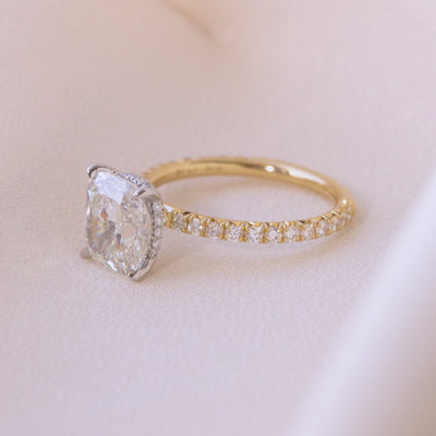 Cushion Diamond Hidden Halo with French Pave Yellow Gold And Platinum Engagement Ring