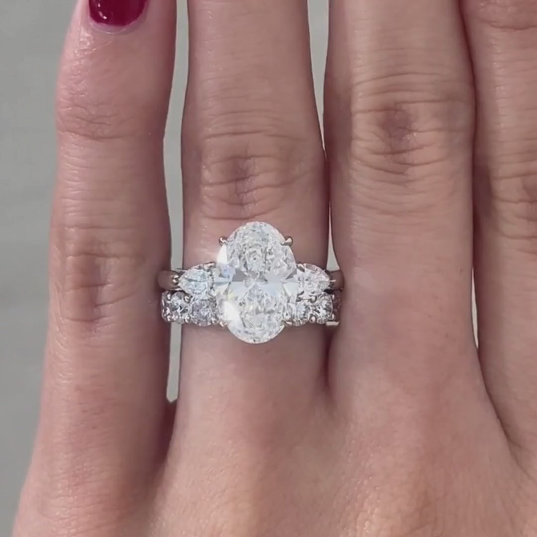 3.51ct Lab Grown Oval 3 Stone with Pear Shape Side Diamond Platinum Engagement Ring - 3.51ct Lab Grown