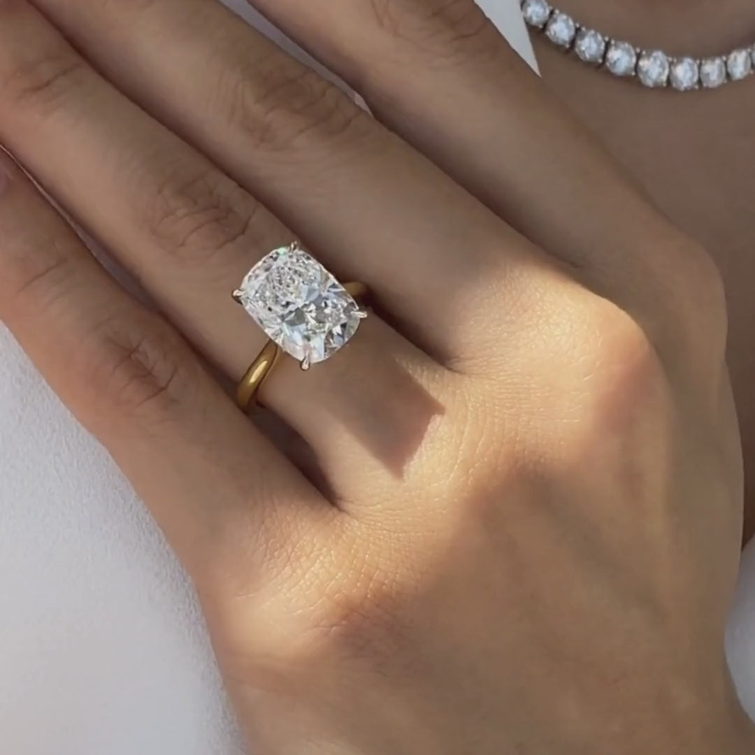Cushion Diamond Hidden Halo Tapered Cathedral Solitaire Yellow Gold And Platinum Engagement Ring