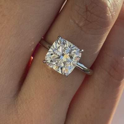 Cushion Diamond Extra Low Profile Hidden Halo Solitaire White Gold Engagement Ring