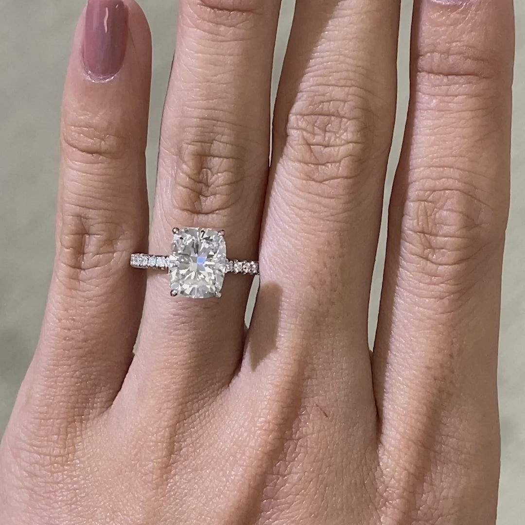 Cushion Diamond Hidden Halo with French Pave Platinum Engagement Ring