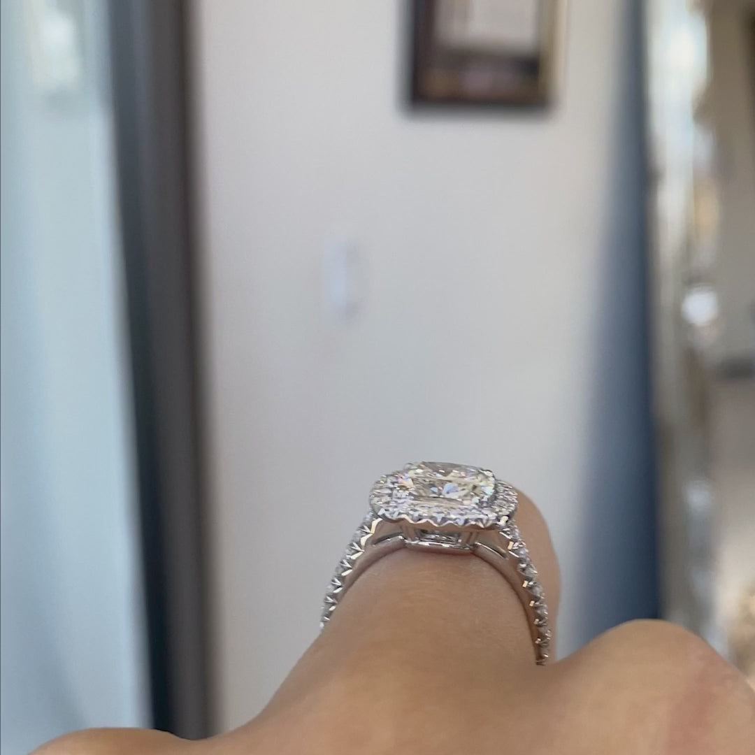 Cushion Diamond Halo Cathedral with French Pave White Gold Engagement Ring - 1.50ct Lab Grown