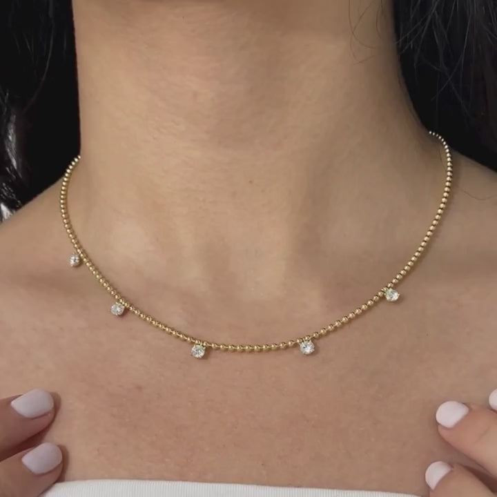 14k Yellow Gold 1.5ct Lab Round Diamond Bead Chain Necklace