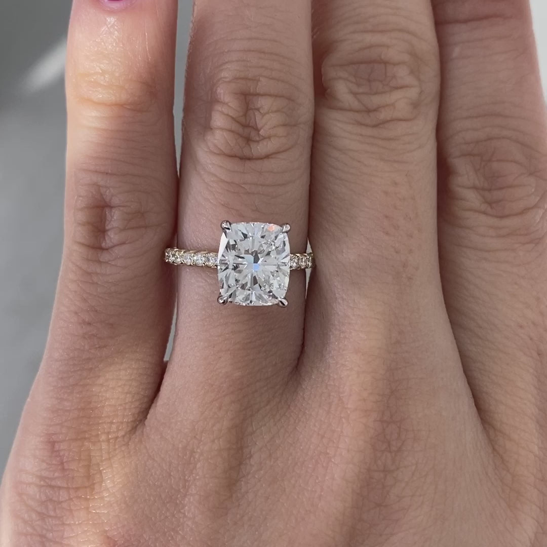 Cushion Diamond Tulip Tapered Cathedral French Pave Yellow Gold And Platinum Engagement Ring
