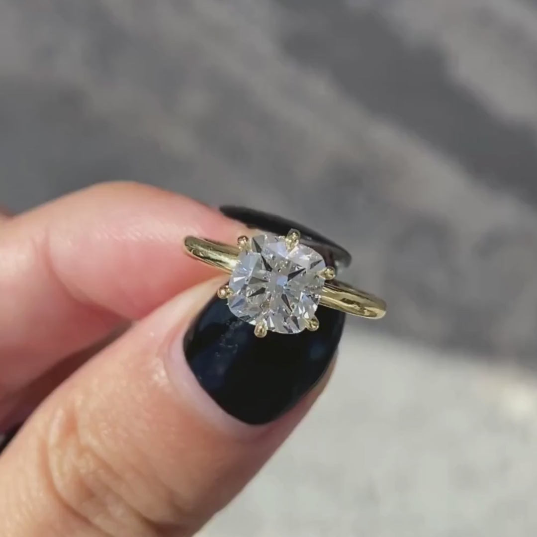 Cushion Diamond 6 Prong Hidden Halo Solitaire Yellow Gold Engagement Ring in 18k yellow gold