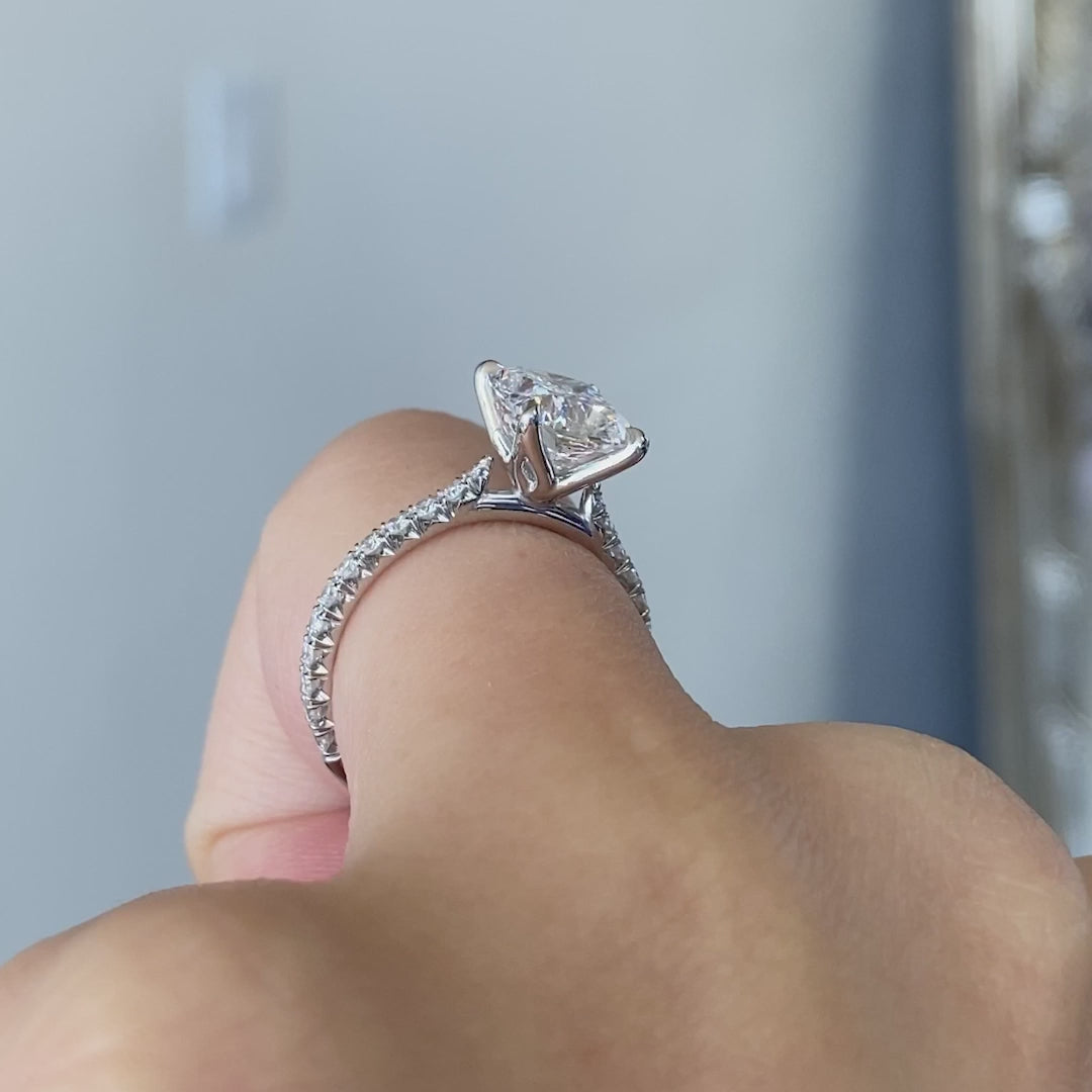 Cushion Diamond Tulip Cathedral French Pave White Gold Engagement Ring