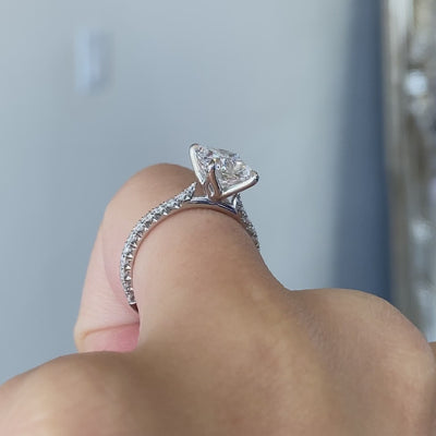 Cushion Diamond Tulip Cathedral French Pave White Gold Engagement Ring