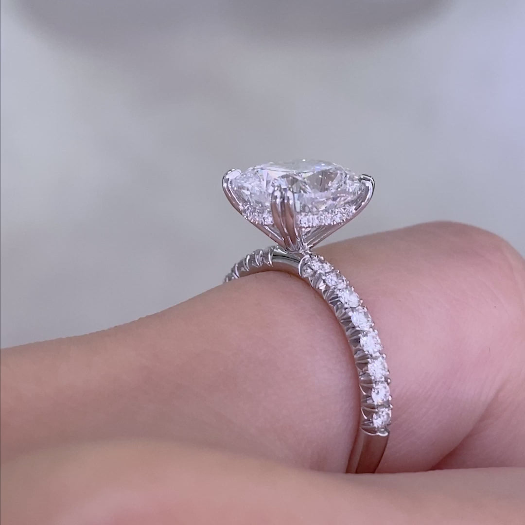 Cushion Diamond Hidden Halo French Pave Double Prong White Gold Engagement Ring