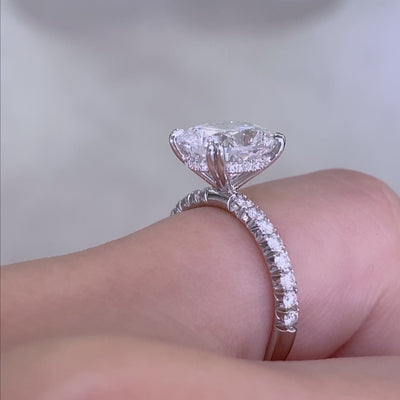 Cushion Diamond Hidden Halo French Pave Double Prong White Gold Engagement Ring