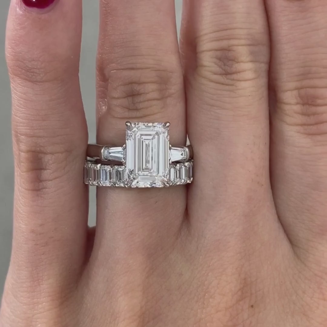 3.74ct Lab Grown Emerald Diamond 3 Stone Ring with Tapered Baguettes Platinum Engagement Ring - 3.74ct Lab Grown