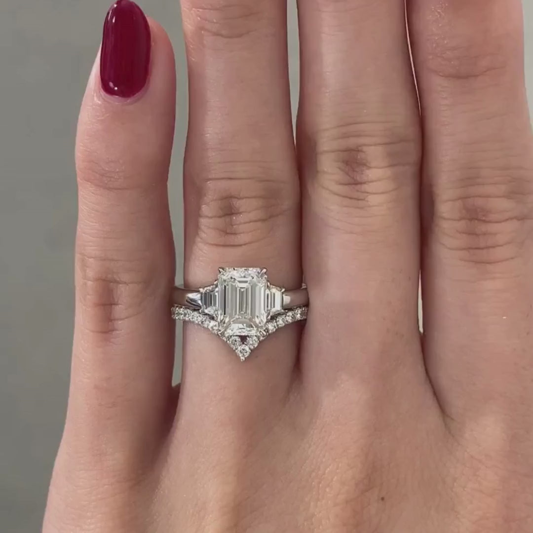 2.06ct Lab Grown Emerald Diamond 3 Stone Ring with Trapezoid Sides Platinum Engagement Ring - 2.06ct Lab Grown