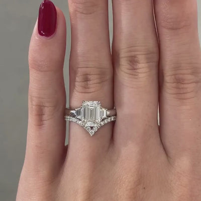 2.06ct Lab Grown Emerald Diamond 3 Stone Ring with Trapezoid Sides Platinum Engagement Ring - 2.06ct Lab Grown