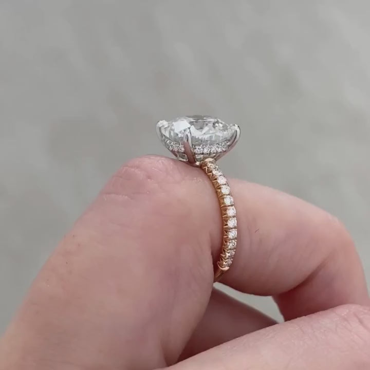 Cushion Diamond Extra Low Profile Hidden Halo French Pave Rose Gold And Platinum Engagement Ring
