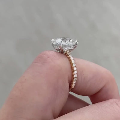 Cushion Diamond Extra Low Profile Hidden Halo French Pave Rose Gold And Platinum Engagement Ring